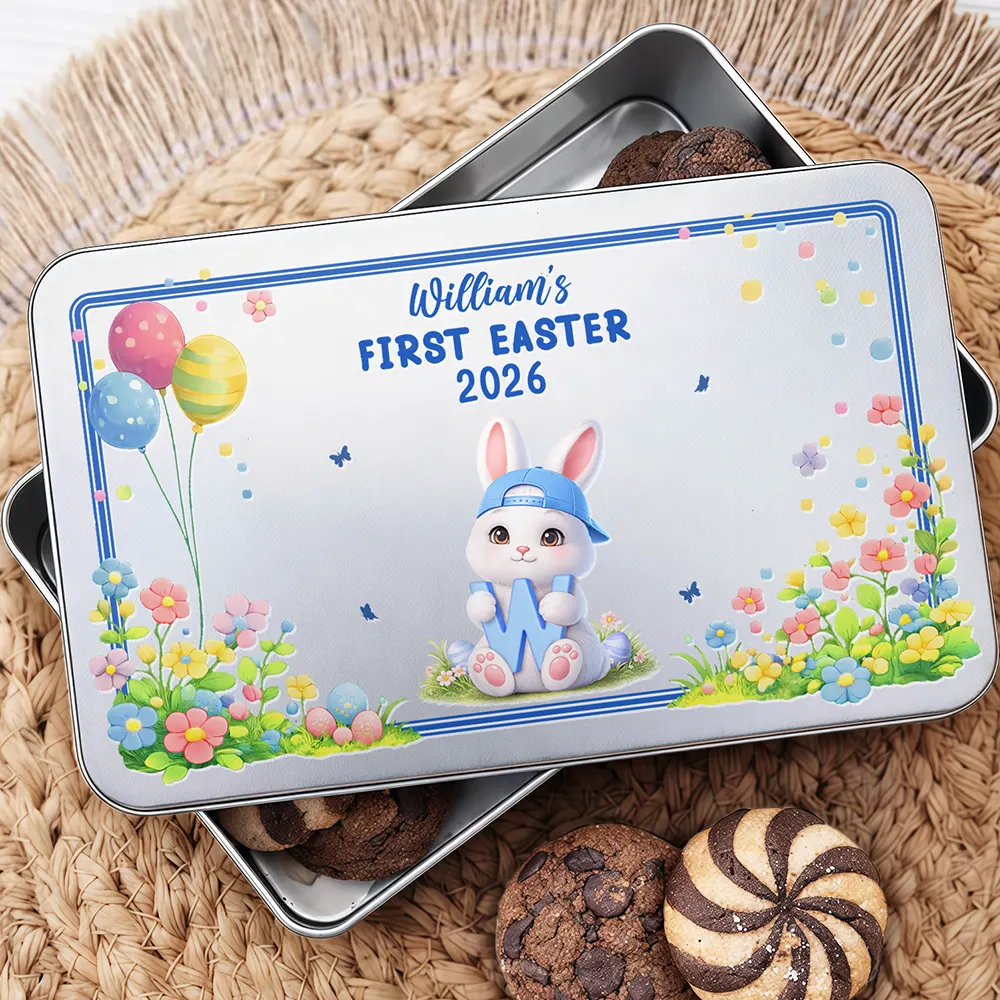 Easter Bunny Holding Alphabet Letter - Personalized Metal Biscuit Tin