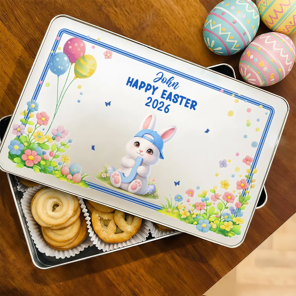 Easter Bunny Holding Alphabet Letter - Personalized Metal Biscuit Tin - Image 2