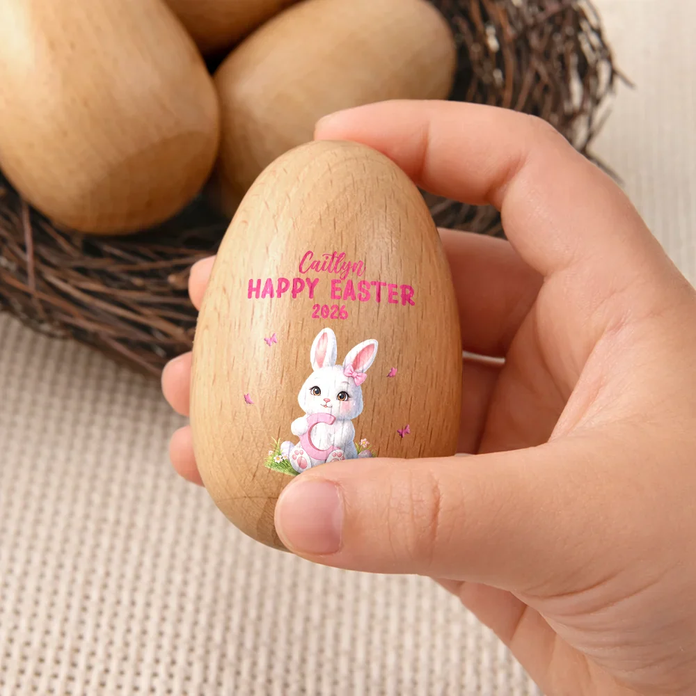 Easter Bunny Holding Alphabet Letter - Personalized Musical Wooden Easter Egg Shaker - Image 3