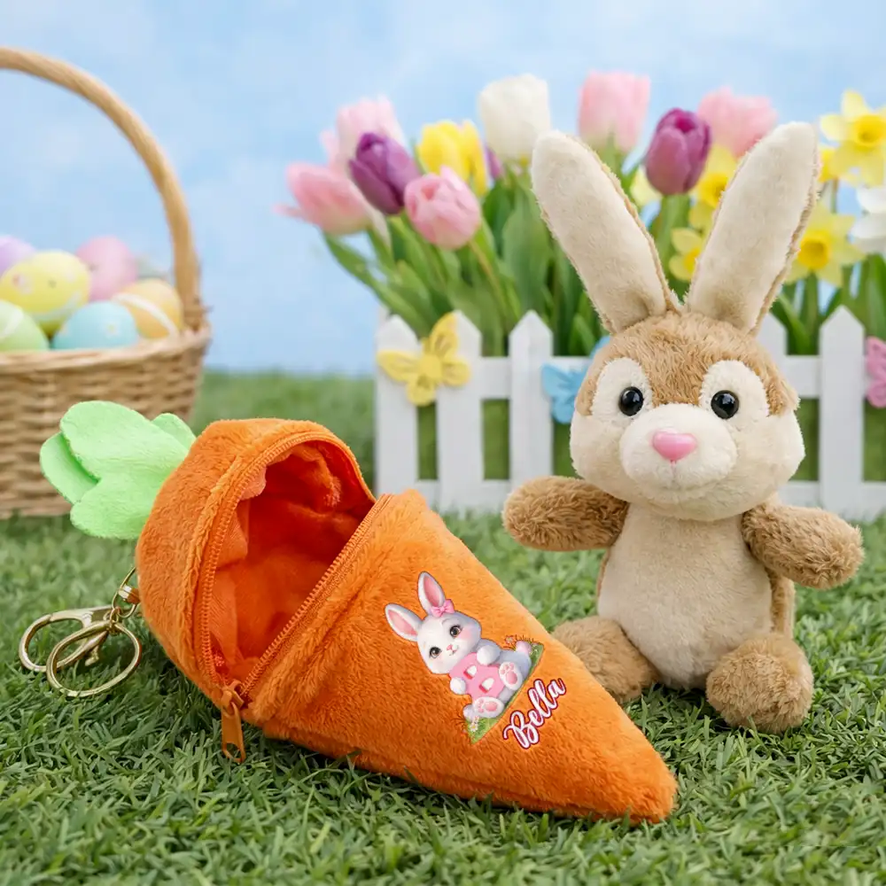 Easter Bunny Holding Alphabet Letter - Personalized Plush Reversible Carrot Bunny Keychain - Image 2