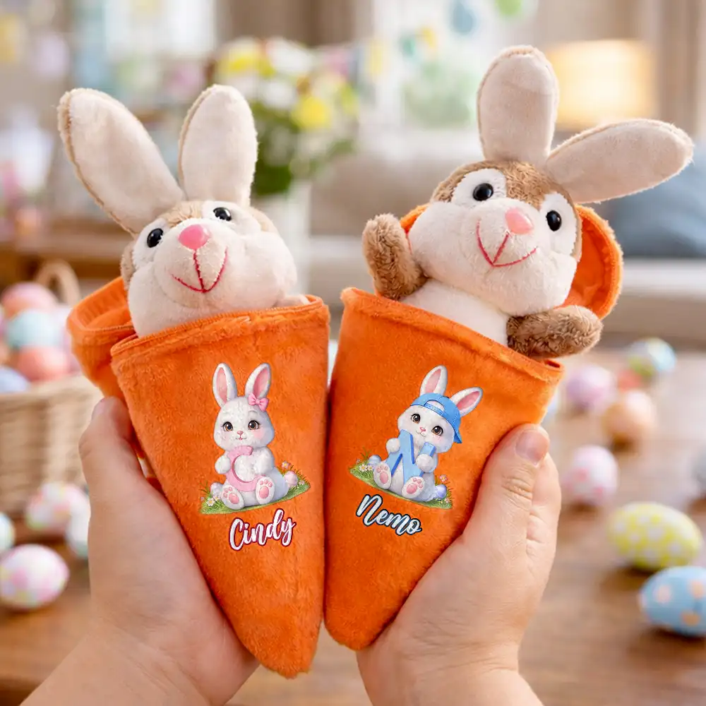 Easter Bunny Holding Alphabet Letter - Personalized Plush Reversible Carrot Bunny Keychain - Image 3