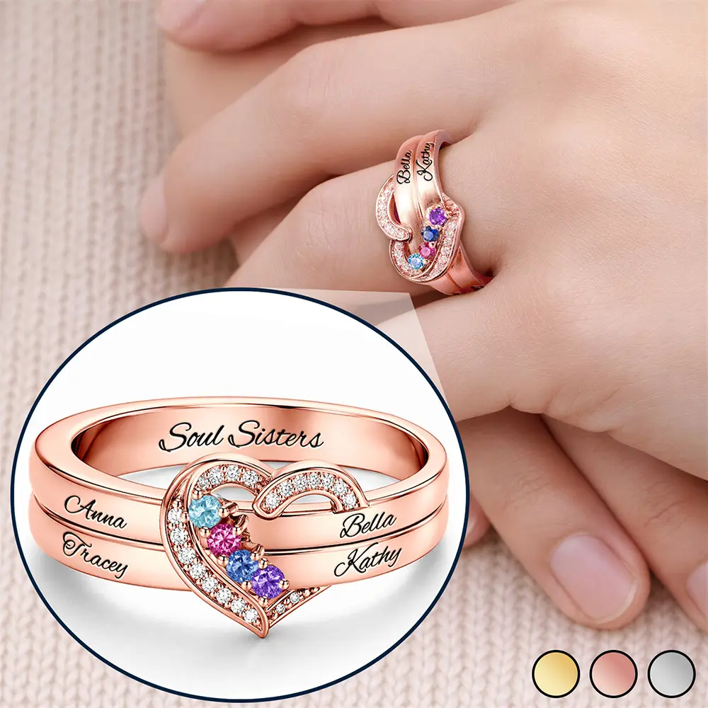 Elegant Custom Name Gemstones For Besties - Personalized Birthstone Heart Ring