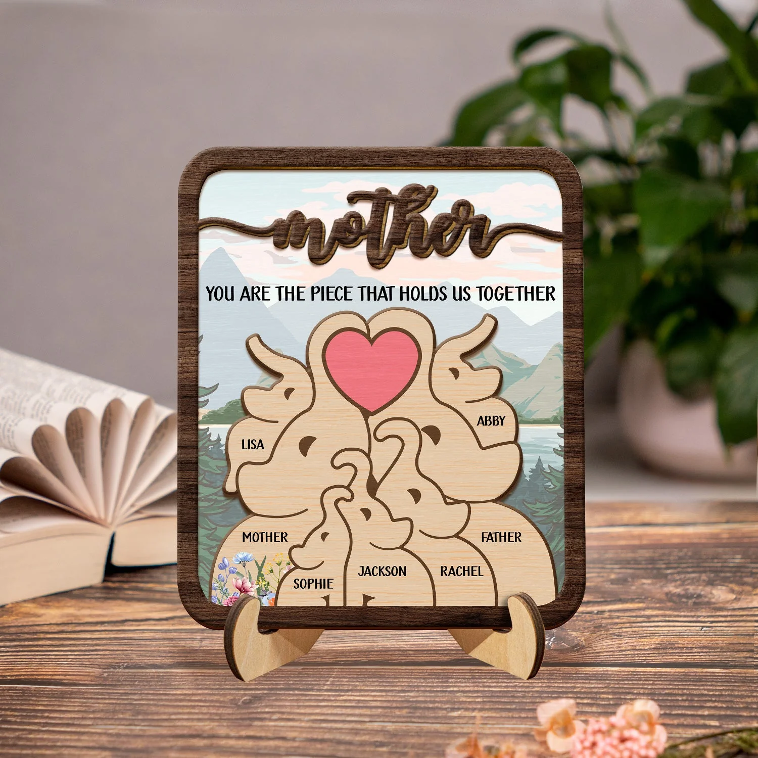 Elephant Mom You Are The Piece That Hold Us Together - Gift For Mothers - Personalized 2-Layered Wooden Plaque With Stand - Image 2