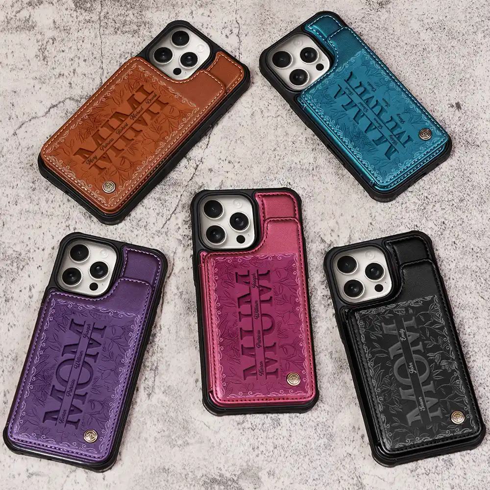 Embossed Flower Leather Mom We Love You - Personalized Leather Flip Wallet Phone Case - Image 3