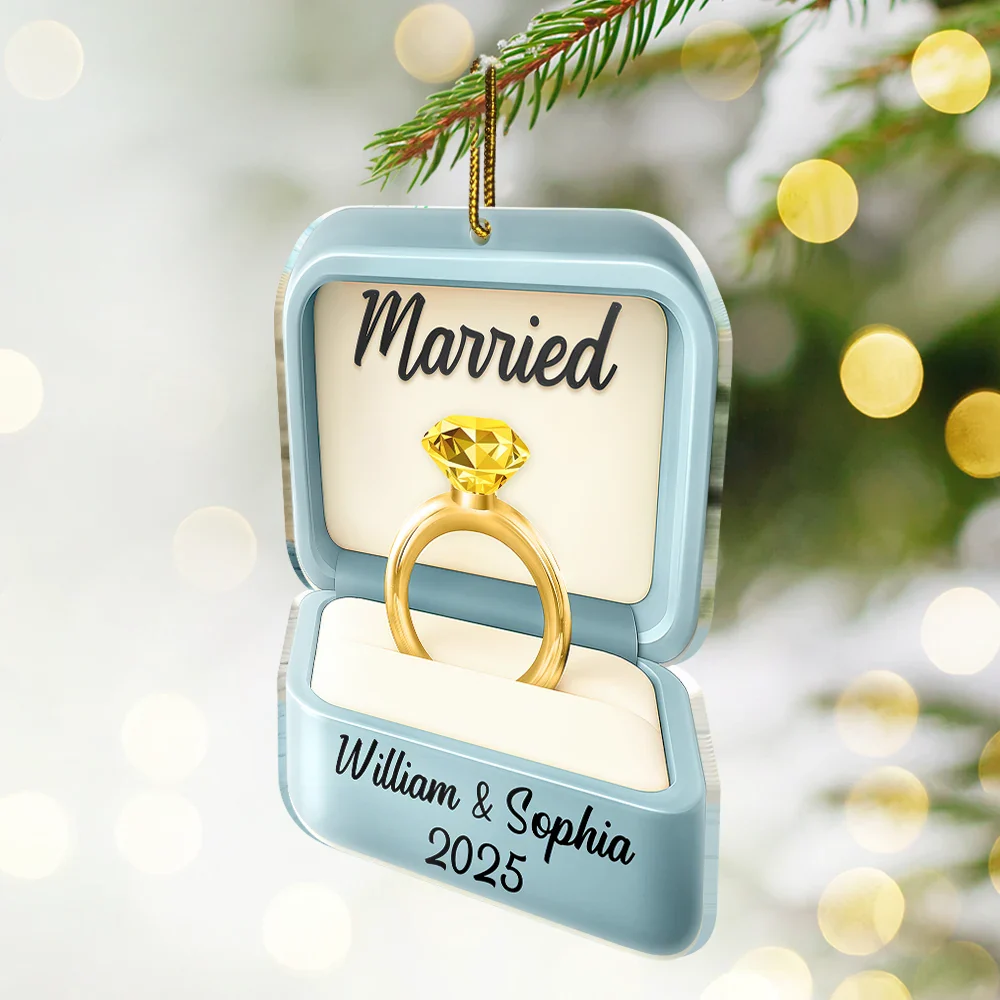Engaged Married Couple Ring Box - Personalized Custom Shaped Acrylic Ornament - Image 2