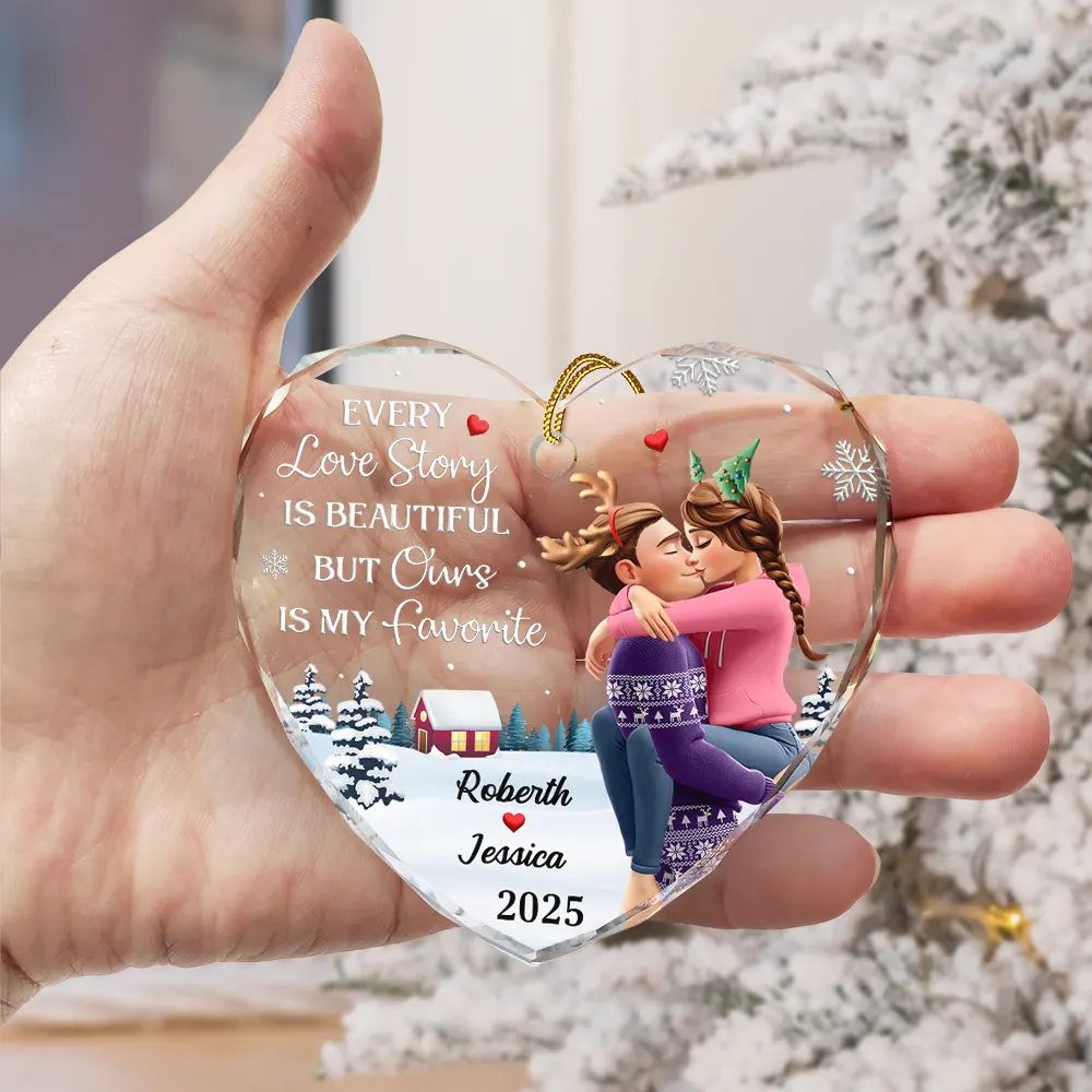 Every Love Story Is Beautiful But Ours Is My Favorite - Personalized Heart Shaped Glass Ornament - Image 3