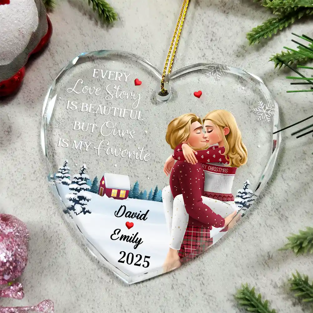 Every Love Story Is Beautiful But Ours Is My Favorite - Personalized Heart Shaped Glass Ornament - Image 4