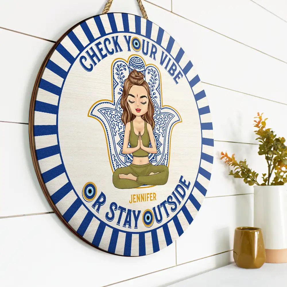 Evil Eye Check Your Vibe - Personalized Wood Circle Sign - Image 2
