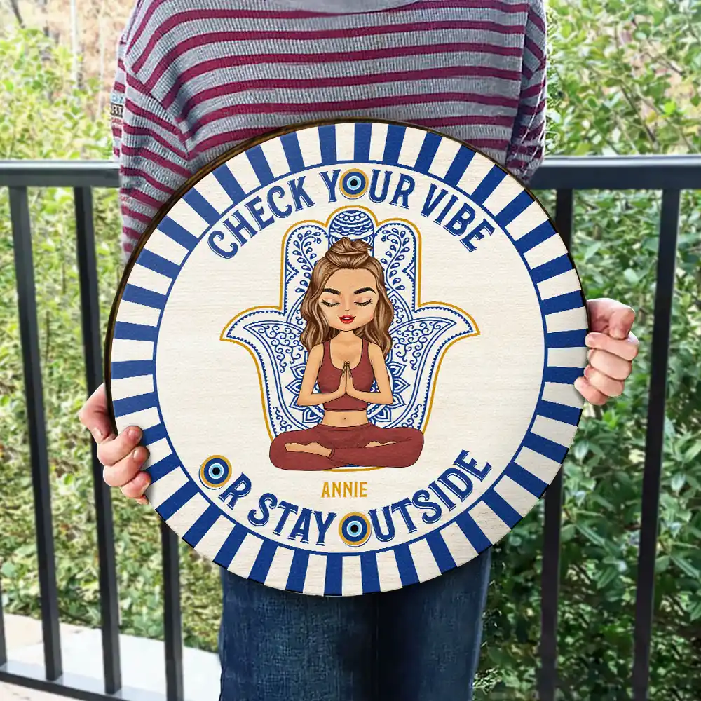 Evil Eye Check Your Vibe - Personalized Wood Circle Sign - Image 3
