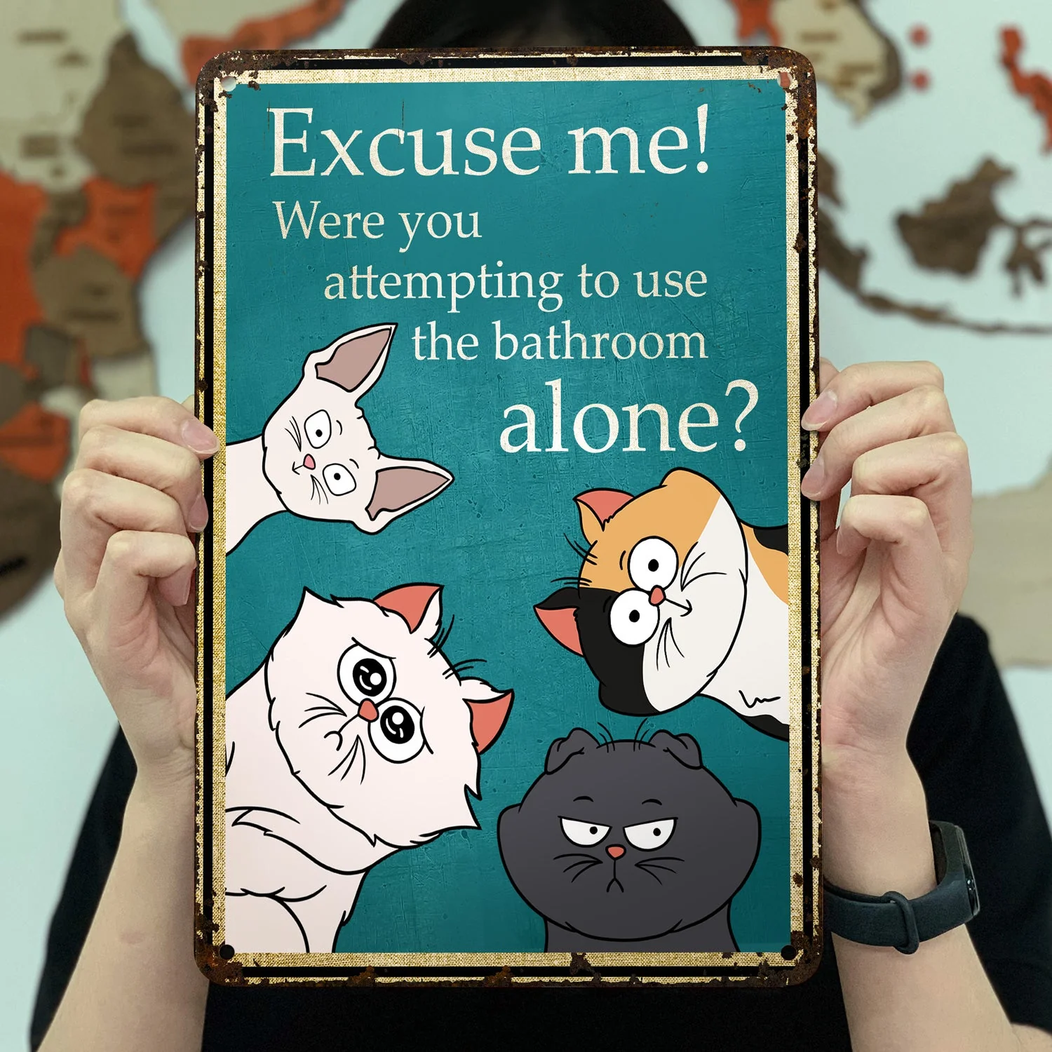 Excuse Me Were You Attempting To Use The Bathroom Alone - Home Decor Gift For Cat Lovers - Personalized Classic Metal Signs - Image 3