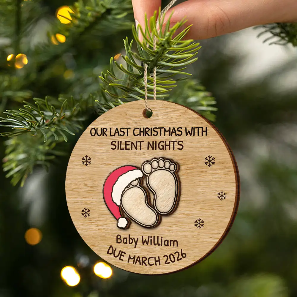 Expecting Baby Last Christmas With Silent Night - Personalized 2-Layered Wooden Ornament - Image 2