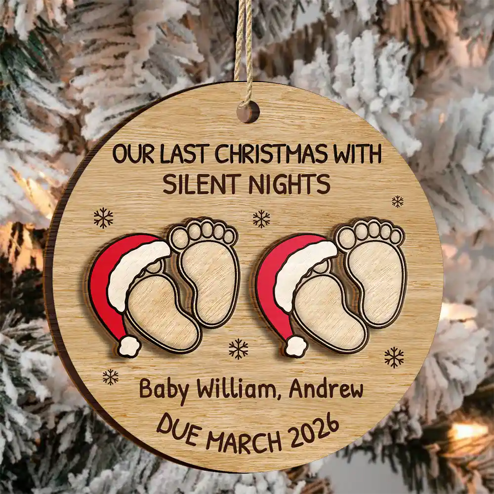Expecting Baby Last Christmas With Silent Night - Personalized 2-Layered Wooden Ornament - Image 3