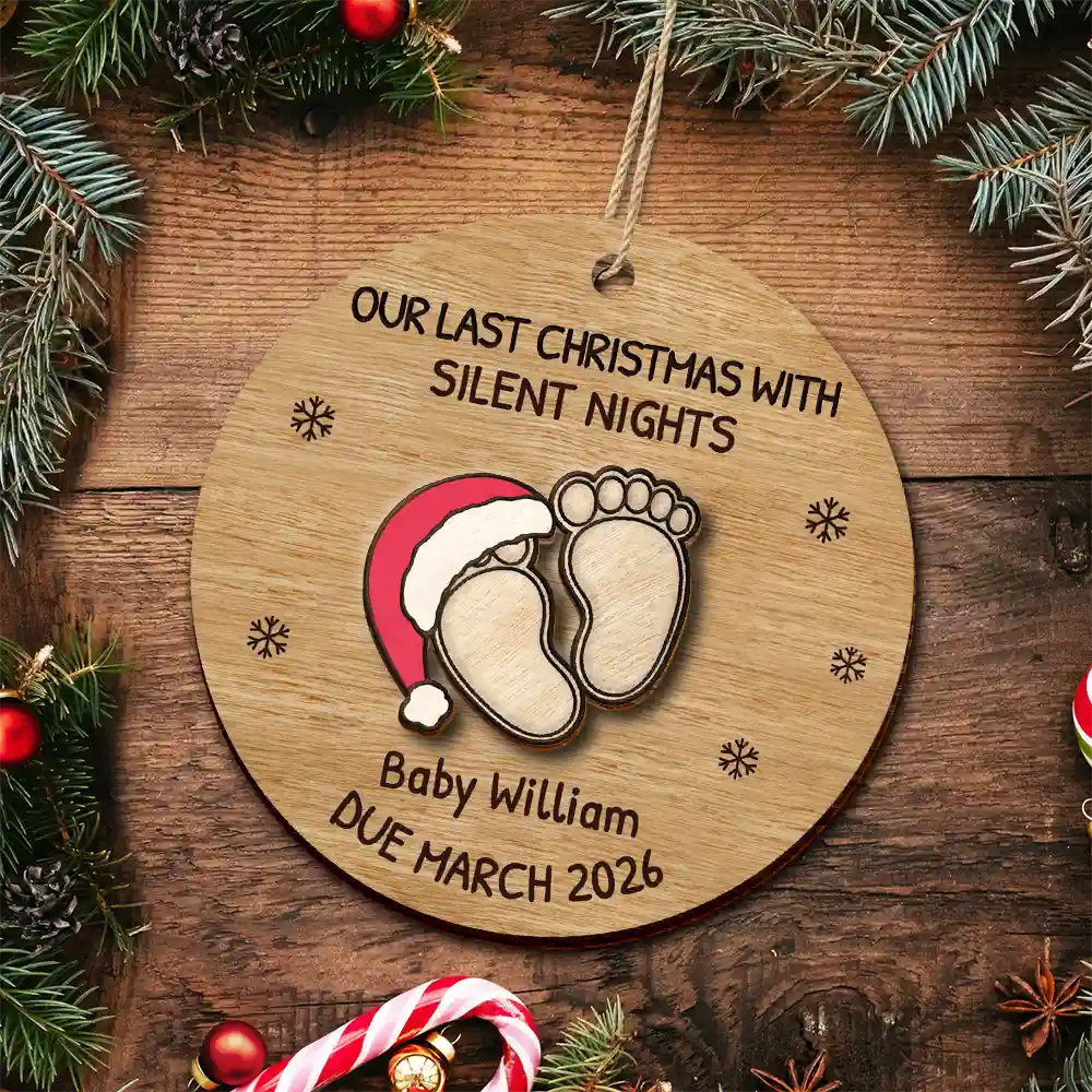 Expecting Baby Last Christmas With Silent Night - Personalized 2-Layered Wooden Ornament - Image 4