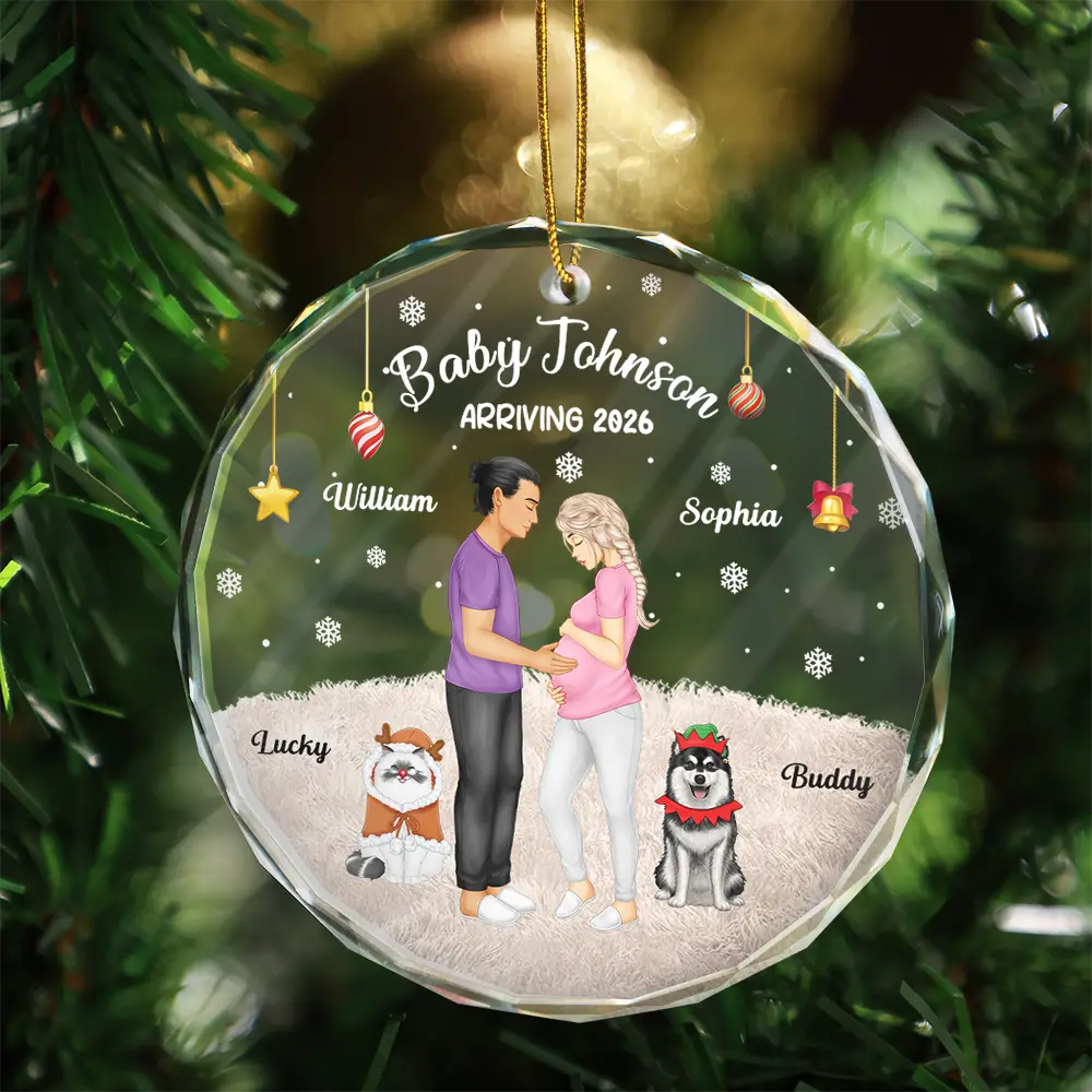 Expecting Parents Baby Arriving Dog Parents To Human Parents - Personalized Circle Glass Ornament - Image 3