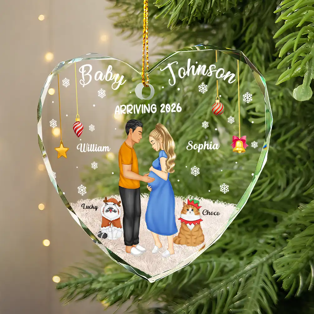 Expecting Parents Baby Arriving Dog Parents To Human Parents - Personalized Heart Shaped Glass Ornament - Image 2