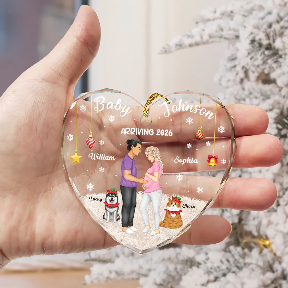 Expecting Parents Baby Arriving Dog Parents To Human Parents - Personalized Heart Shaped Glass Ornament - Image 3