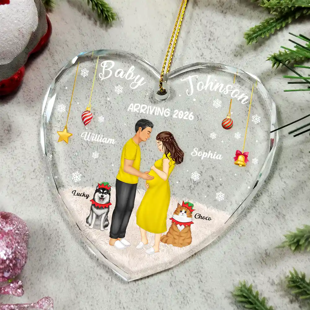 Expecting Parents Baby Arriving Dog Parents To Human Parents - Personalized Heart Shaped Glass Ornament - Image 4