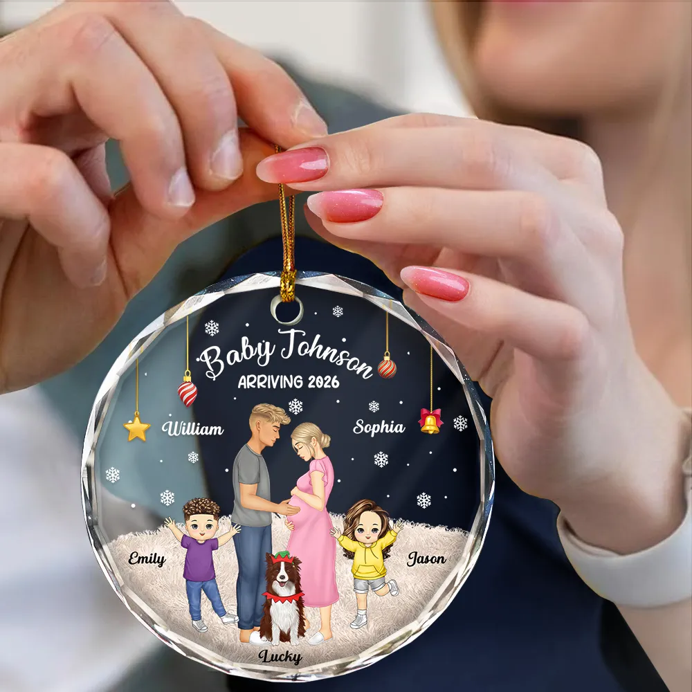 Expecting Parents Baby Arriving The More The Merrier - Personalized Circle Glass Ornament - Image 4