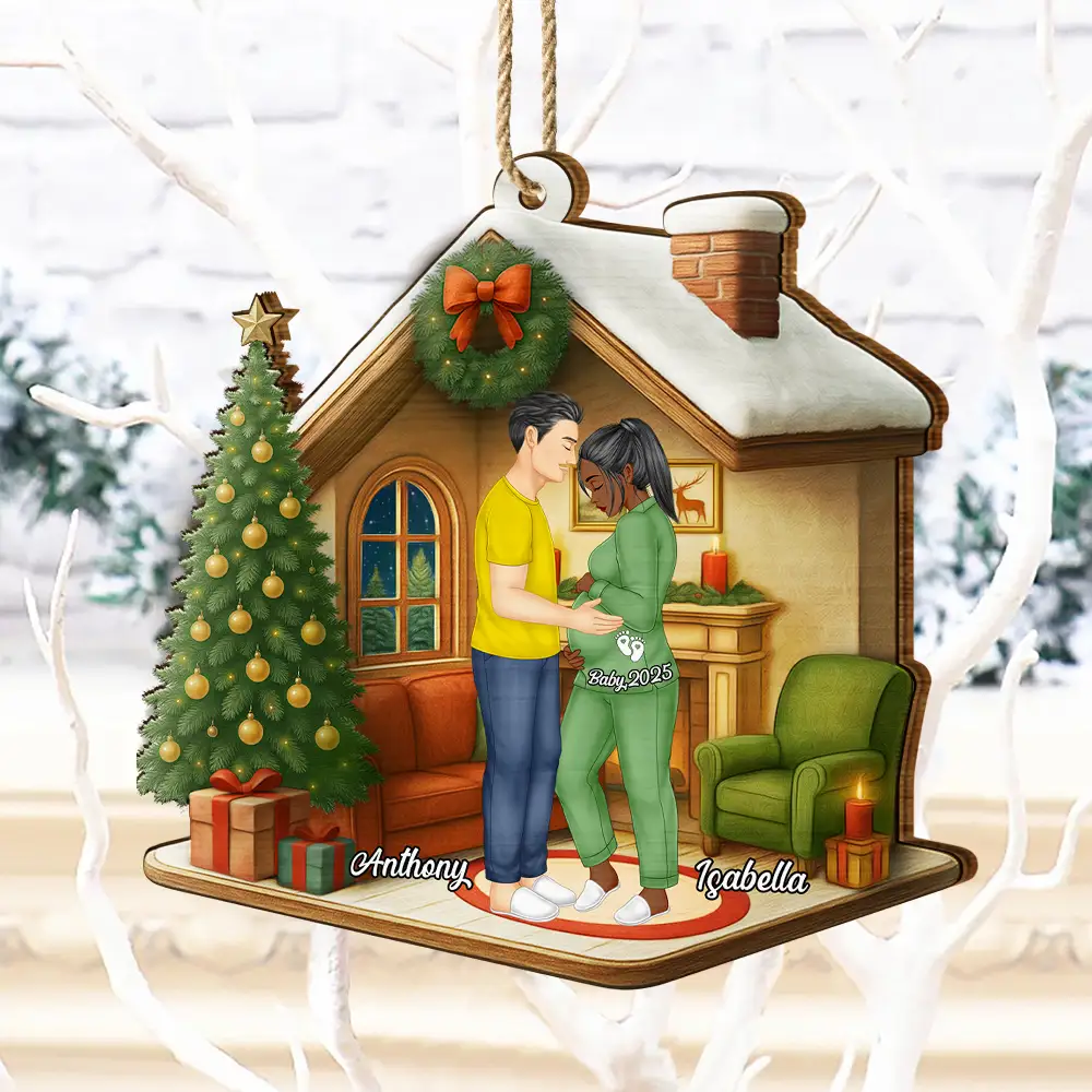 Expecting Parents Christmas Pregnancy - Personalized Custom Shaped Wooden Ornament - Image 4