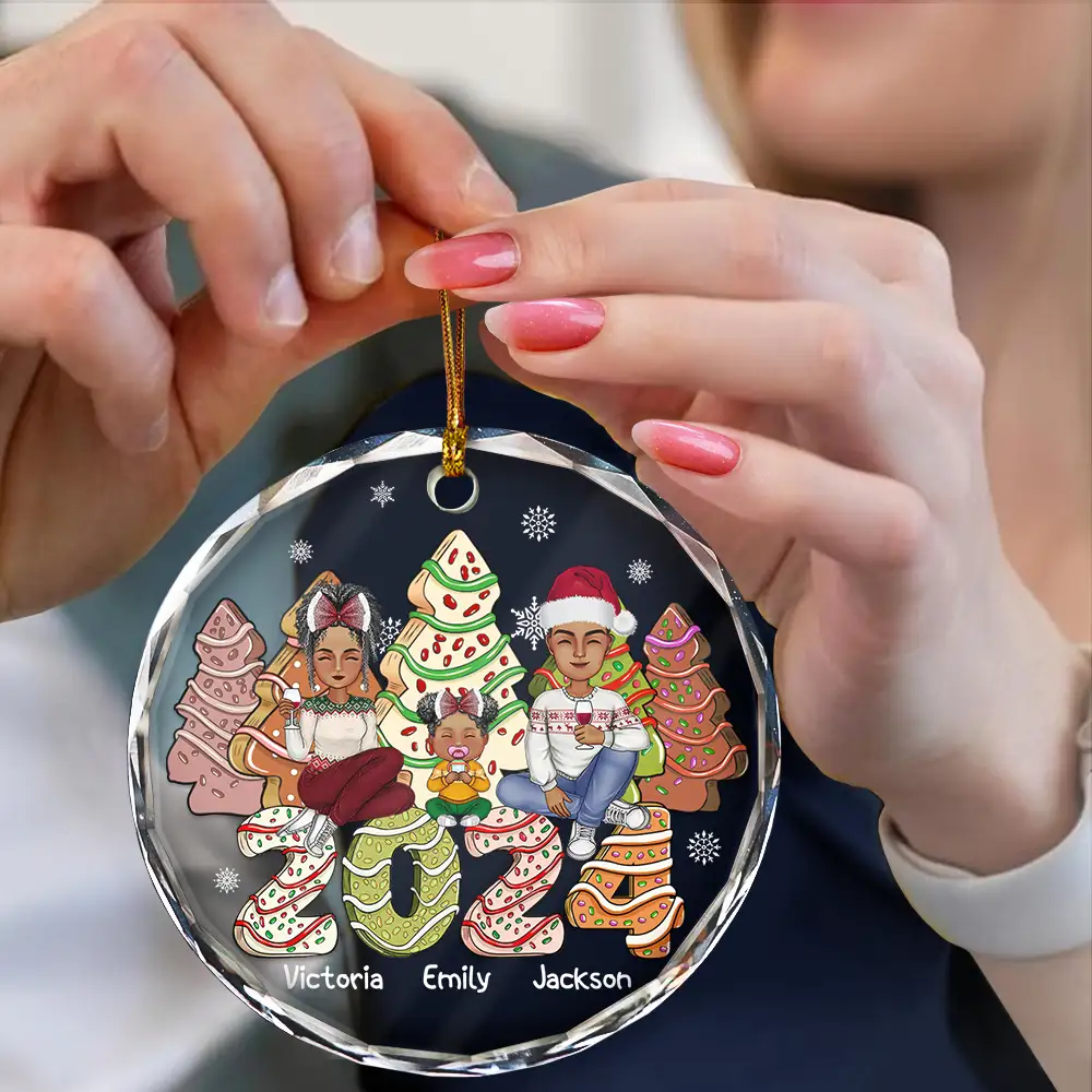 Family 2024 Cake, Cookie Trees Christmas Gift For Single Parent, Same Gender - Personalized Circle Glass Ornament - Image 4
