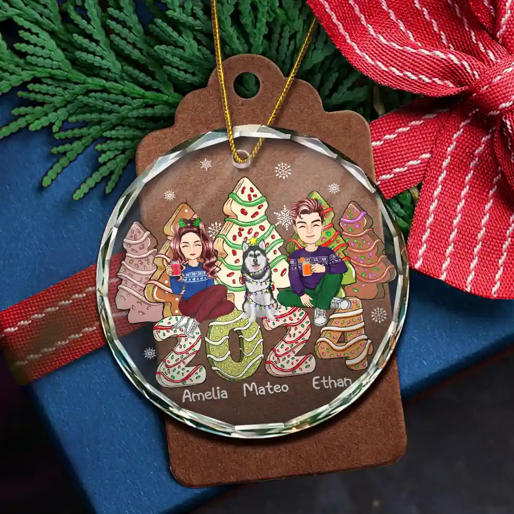 Family 2024 Cake, Cookie Trees Christmas Gift For Single Parent, Same Gender - Personalized Circle Glass Ornament - Image 5