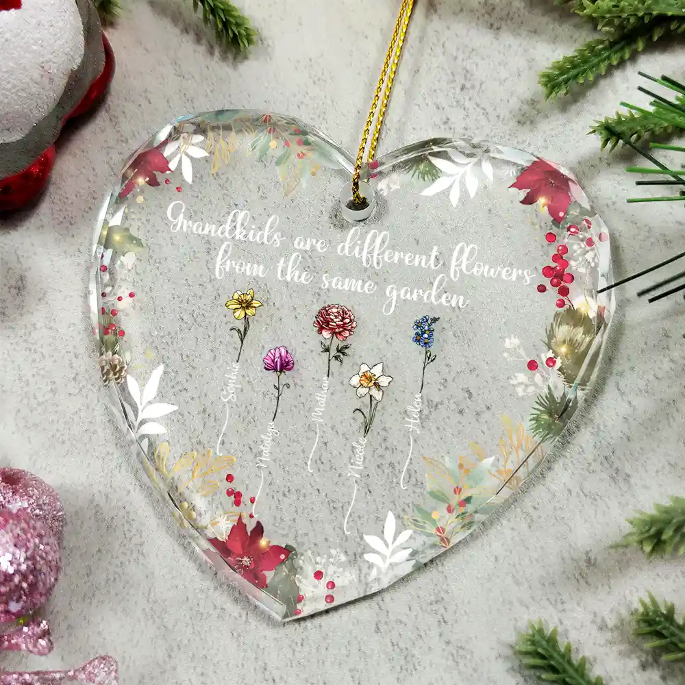 Family Are Different Flowers From The Same Garden - Personalized Heart Shaped Glass Ornament - Image 4