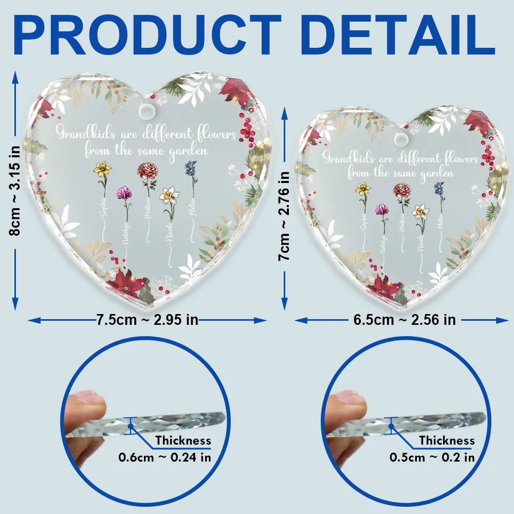 Family Are Different Flowers From The Same Garden - Personalized Heart Shaped Glass Ornament - Image 5