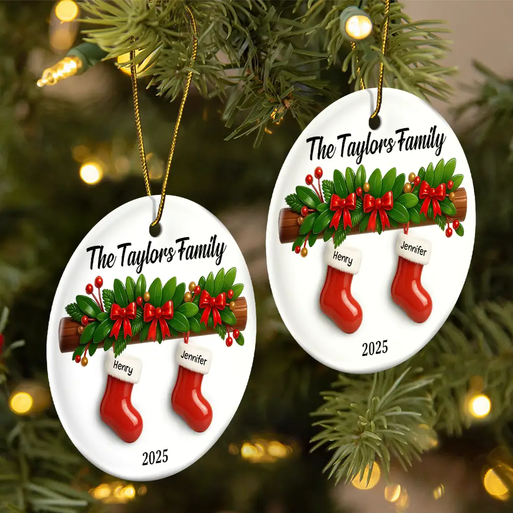 Family Christmas Stockings Ceramic Effect - Personalized Circle Ceramic Ornament - Image 2