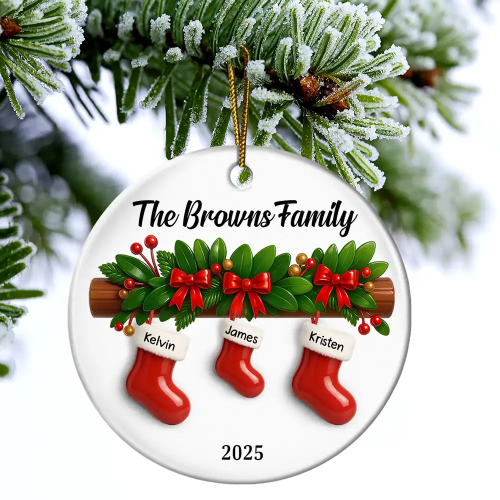 Family Christmas Stockings Ceramic Effect - Personalized Circle Ceramic Ornament - Image 4