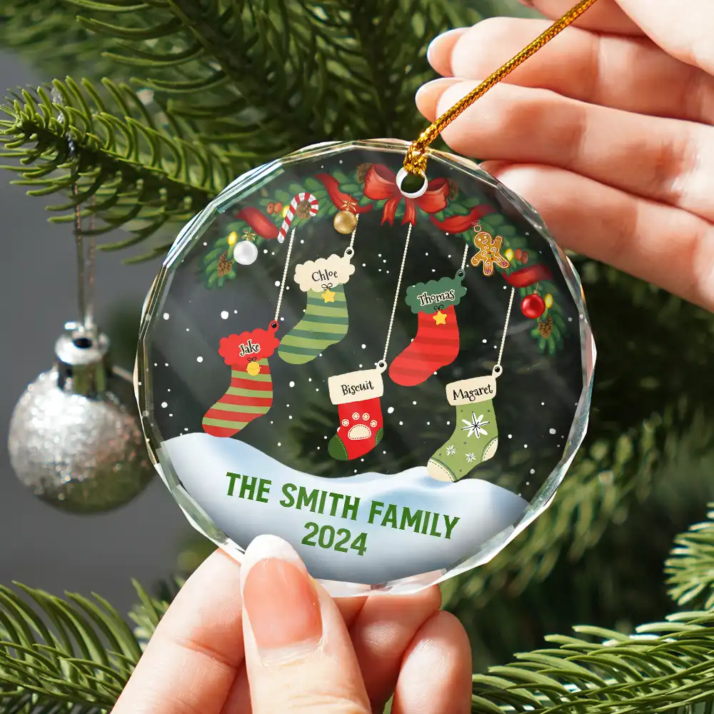 Family Christmas Stockings Parents Kids Pets - Personalized Circle Glass Ornament - Image 2