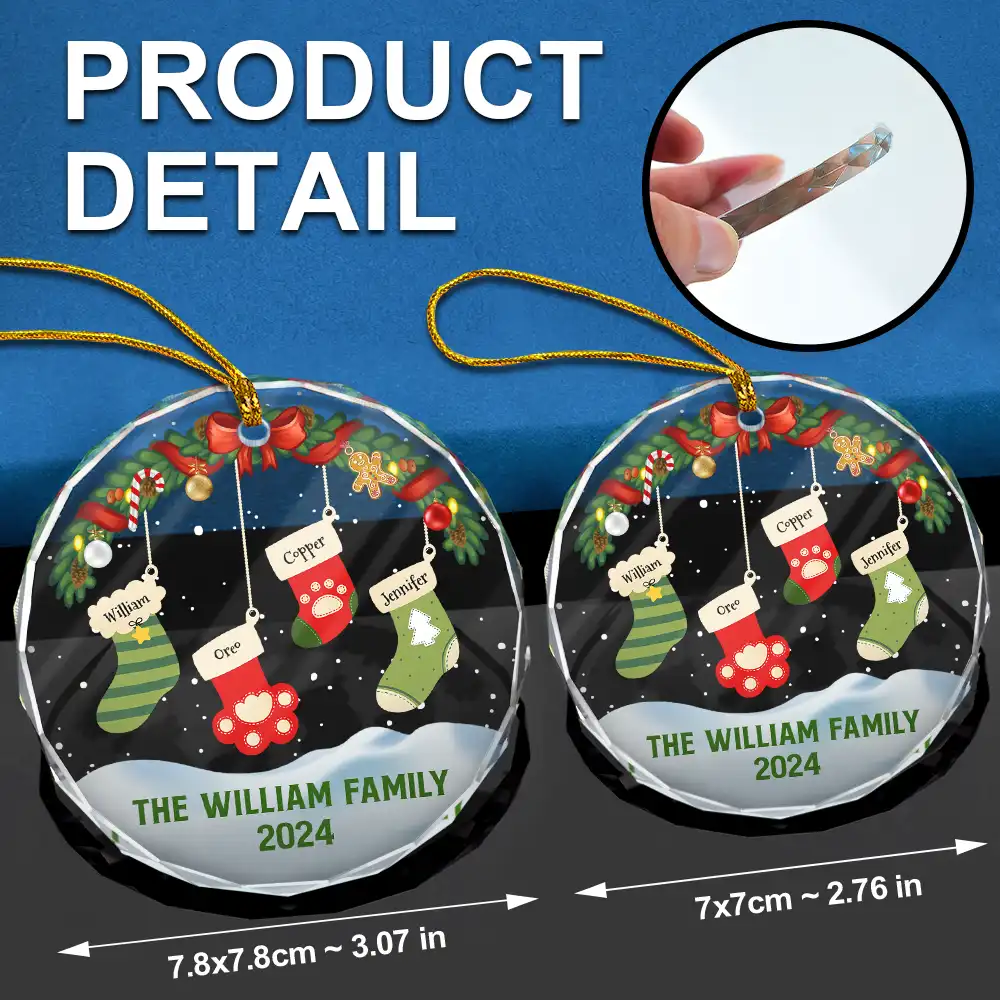 Family Christmas Stockings Parents Kids Pets - Personalized Circle Glass Ornament - Image 6