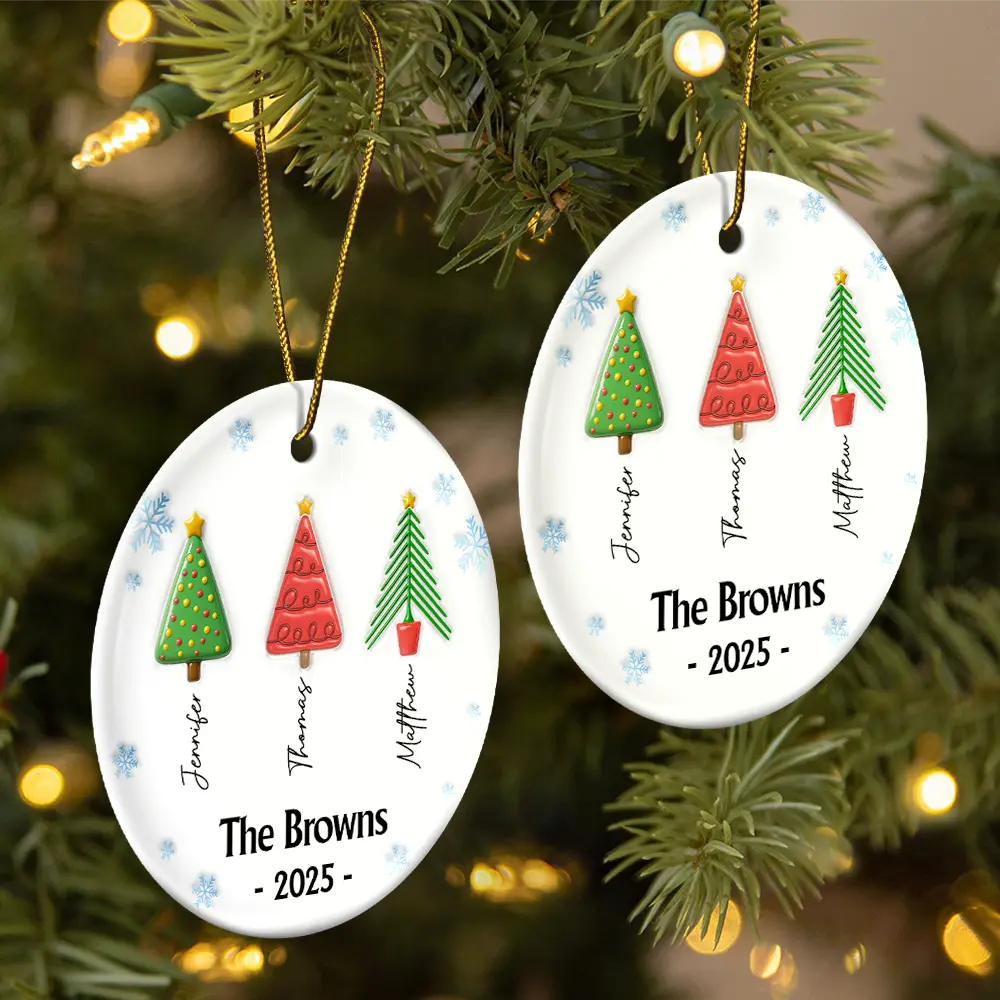 Family Christmas Tree 3D Inflated - Personalized Circle Ceramic Ornament - Image 2