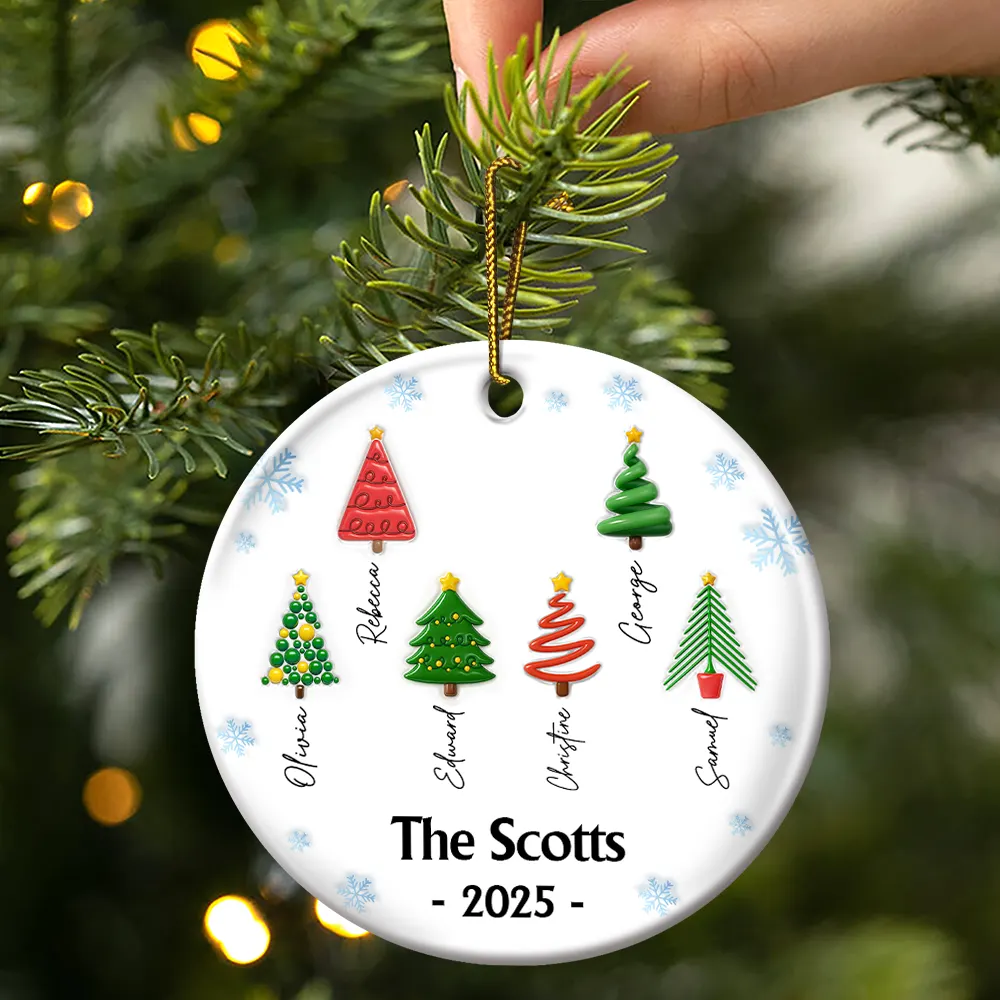 Family Christmas Tree 3D Inflated - Personalized Circle Ceramic Ornament - Image 3