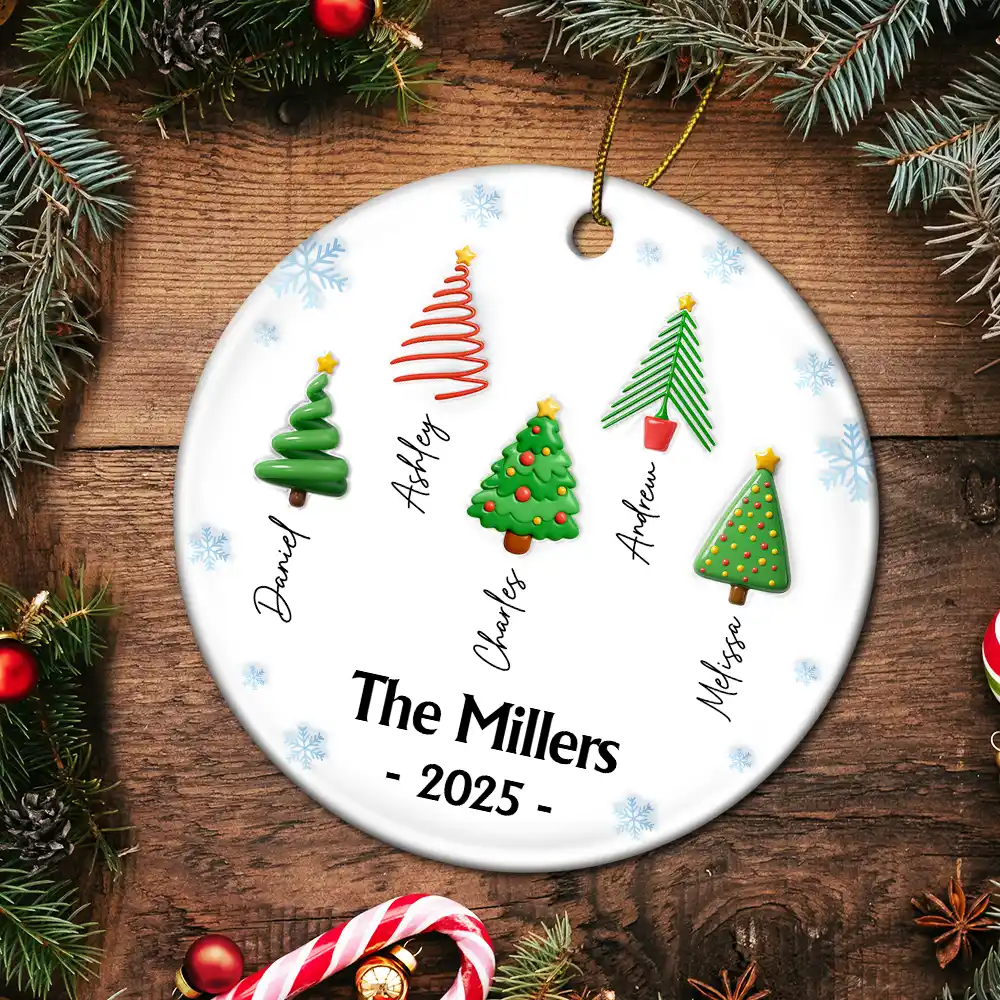 Family Christmas Tree 3D Inflated - Personalized Circle Ceramic Ornament - Image 5