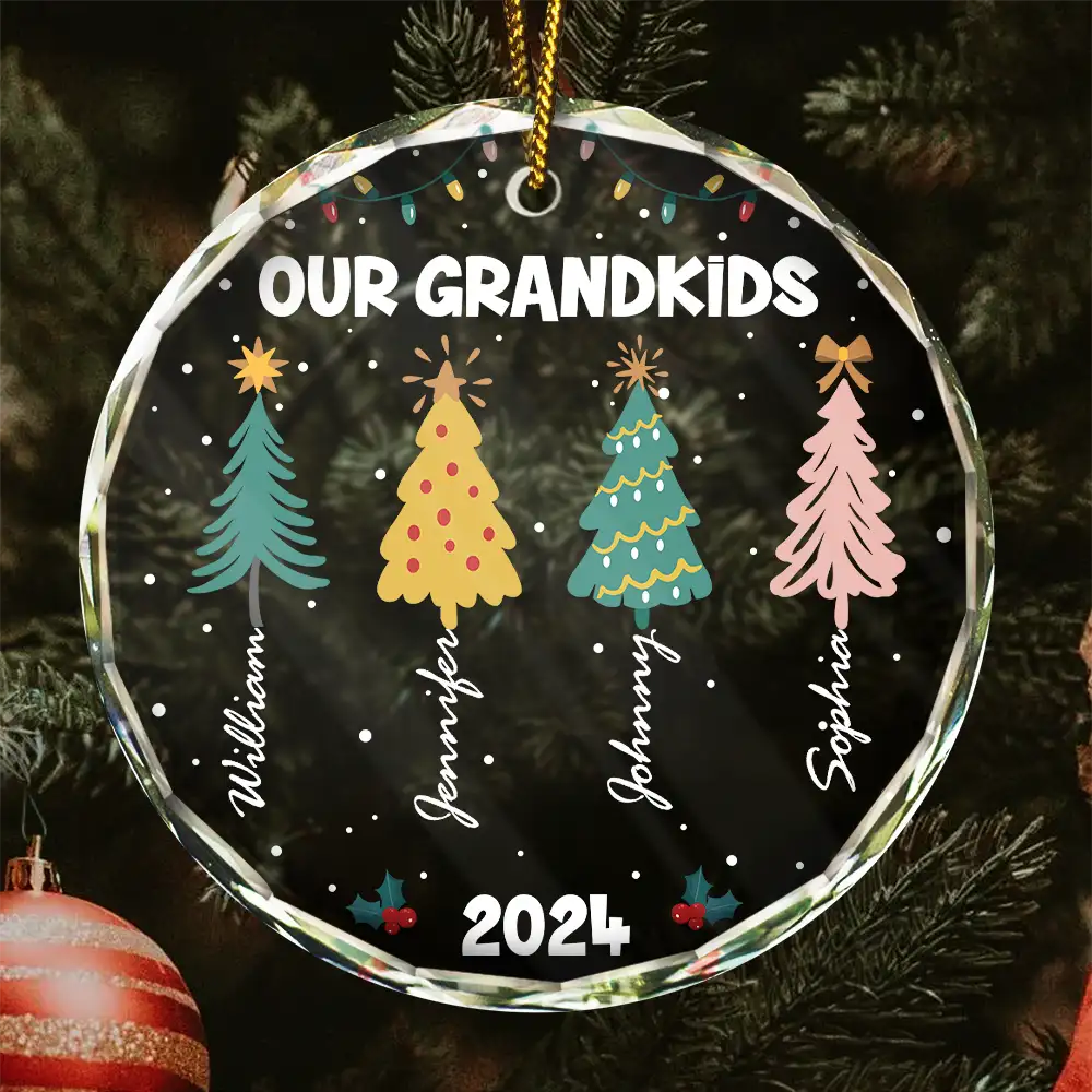 Family Colorful Christmas Trees - Personalized Circle Glass Ornament - Image 2