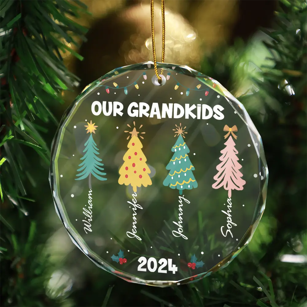 Family Colorful Christmas Trees - Personalized Circle Glass Ornament - Image 4