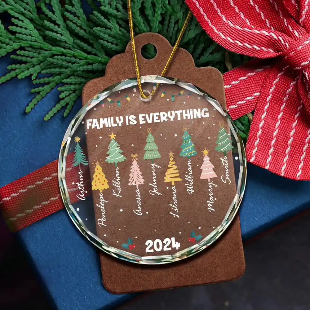Family Colorful Christmas Trees - Personalized Circle Glass Ornament - Image 6