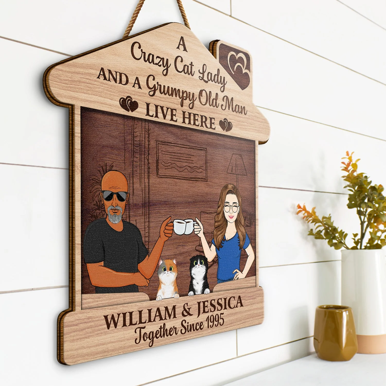 Family Couple A Crazy Dog Cat Lady And A Grumpy Old Man Live Here - Outdoor Gift For Pet Lovers - Personalized Custom Shaped Wood Sign - Image 2