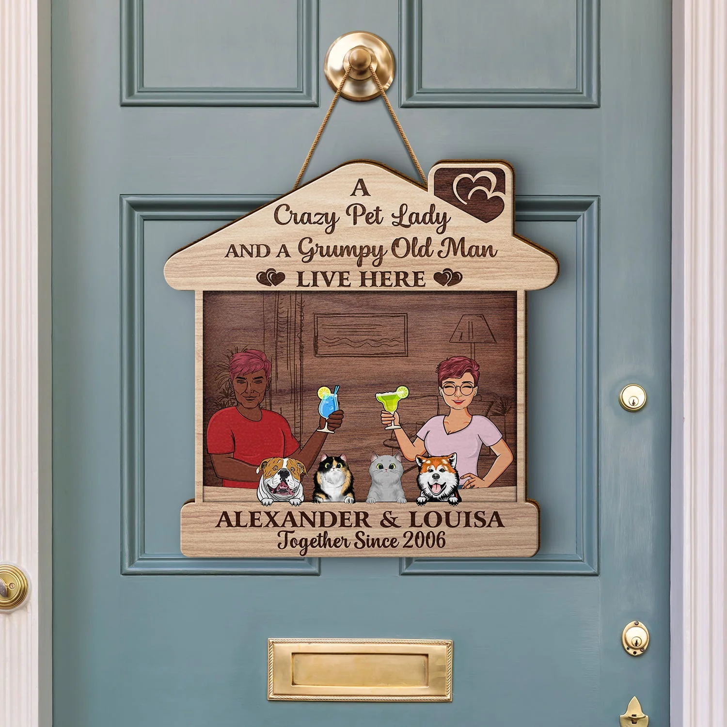 Family Couple A Crazy Dog Cat Lady And A Grumpy Old Man Live Here - Outdoor Gift For Pet Lovers - Personalized Custom Shaped Wood Sign - Image 3