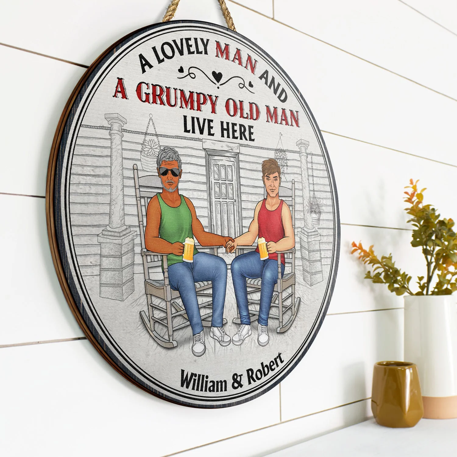 Family Couple A Lovely Lady And A Grumpy Old Man Live Here - Couple Gift - Personalized Custom Wood Circle Sign - Image 2