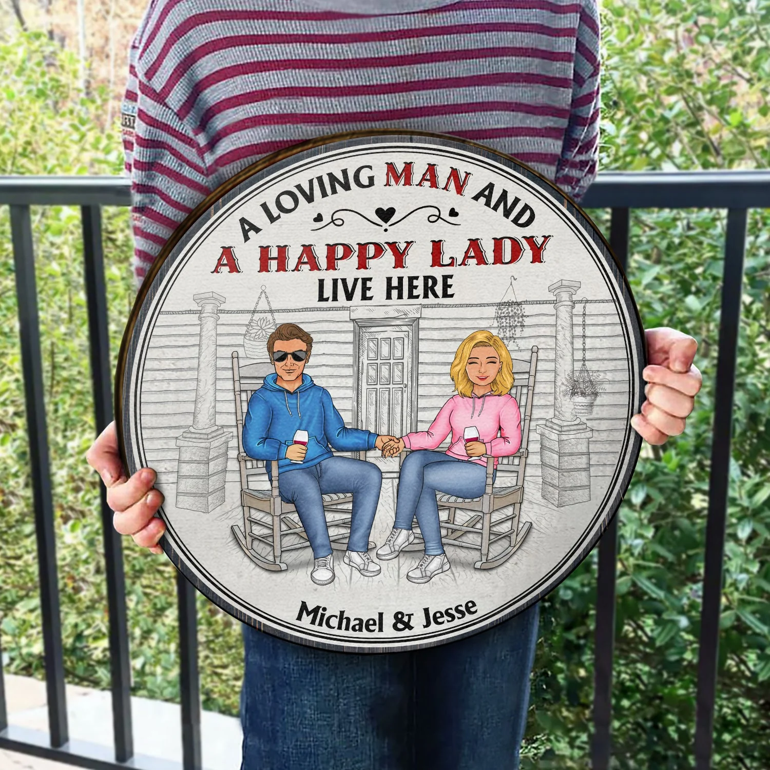 Family Couple A Lovely Lady And A Grumpy Old Man Live Here - Couple Gift - Personalized Custom Wood Circle Sign - Image 3