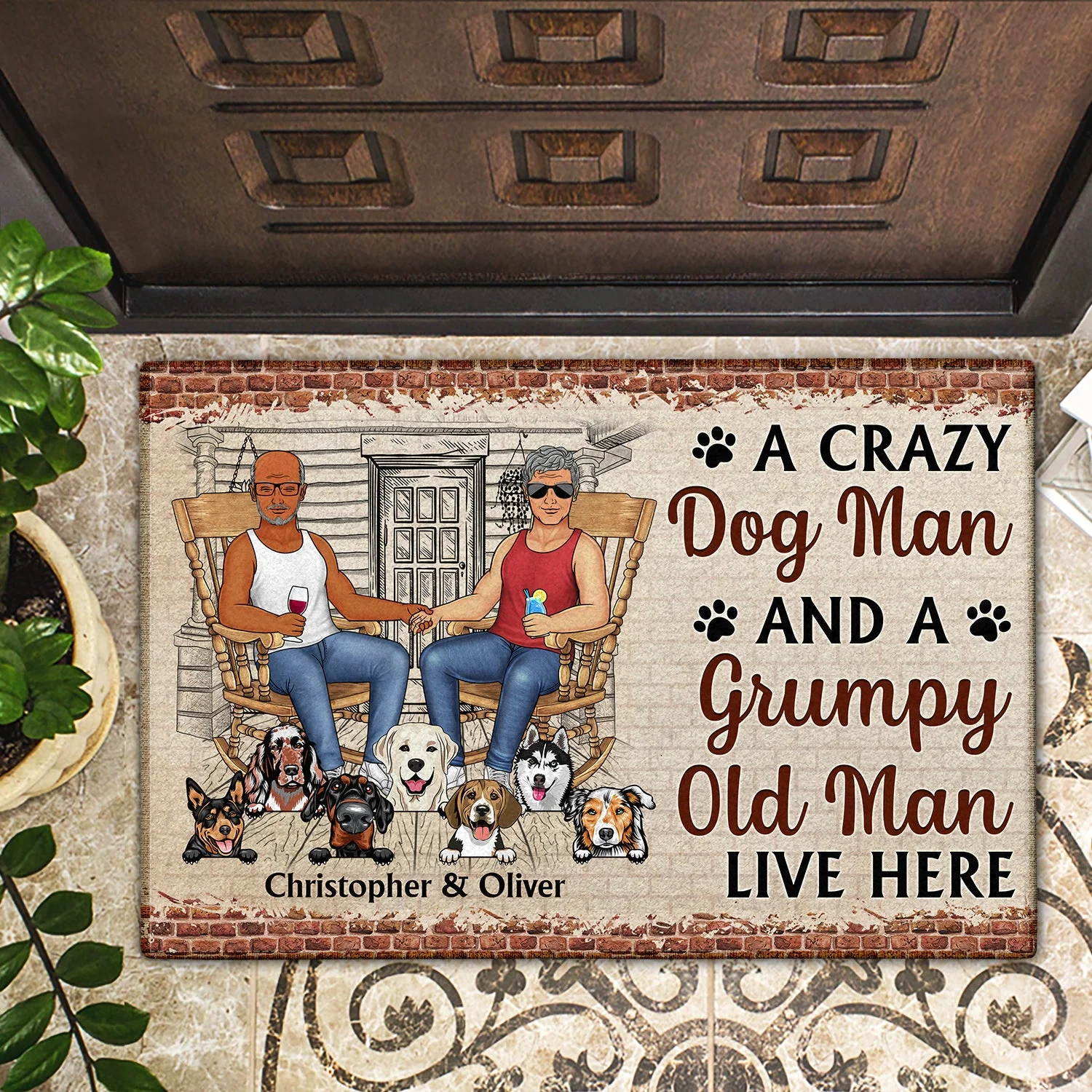 Family Couple A Lovely Lady And Her Grumpy Old Man Live Here With Their Crazy Dogs - Gift For Dog Lovers - Personalized Custom Doormat - Image 2