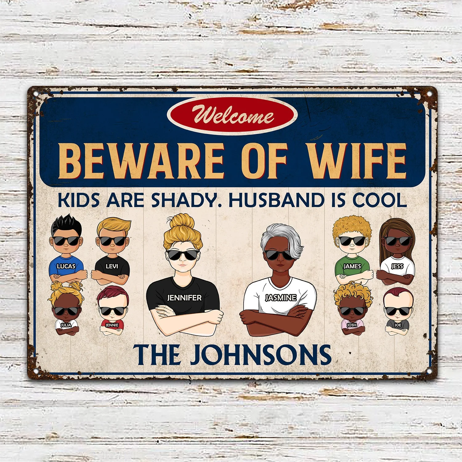 Family Couple And Kids Beware Of Wife - Personalized Custom Classic Metal Signs - Image 2