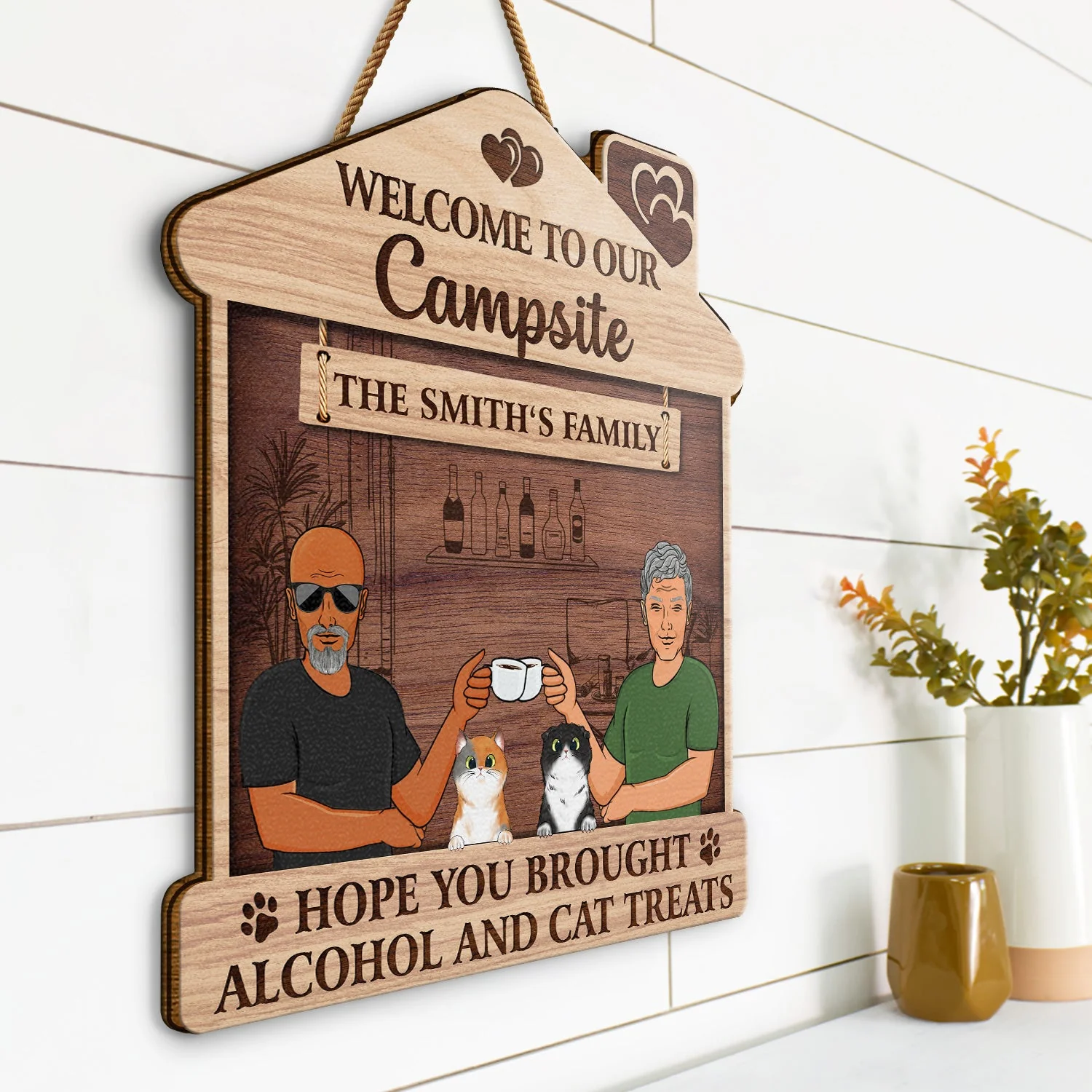 Family Couple Backyard Patio Hope You Brought Alcohol And Dog Cat Treats - Outdoor Gift For Pet Lovers - Personalized Custom Shaped Wood Sign - Image 2