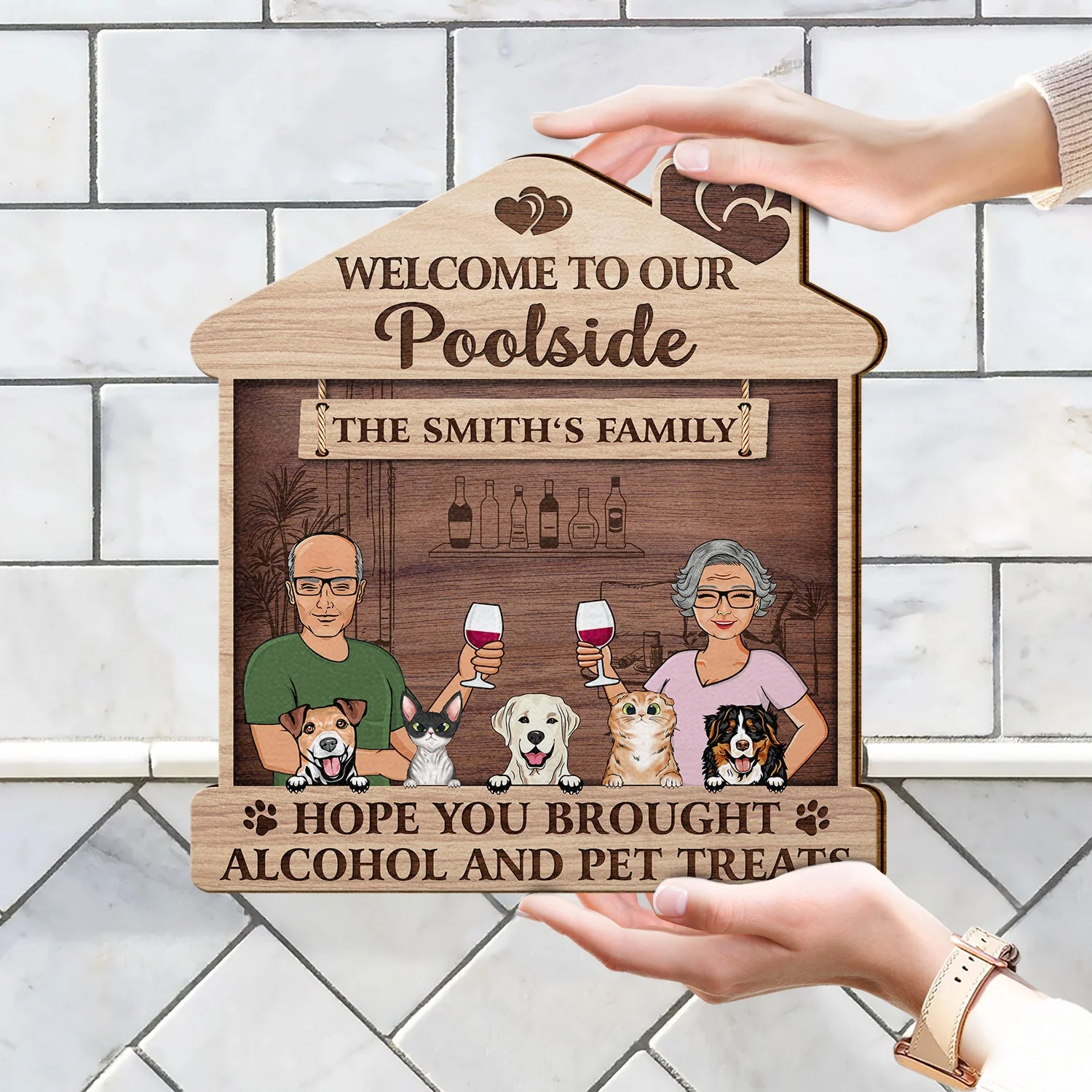 Family Couple Backyard Patio Hope You Brought Alcohol And Dog Cat Treats - Outdoor Gift For Pet Lovers - Personalized Custom Shaped Wood Sign - Image 4