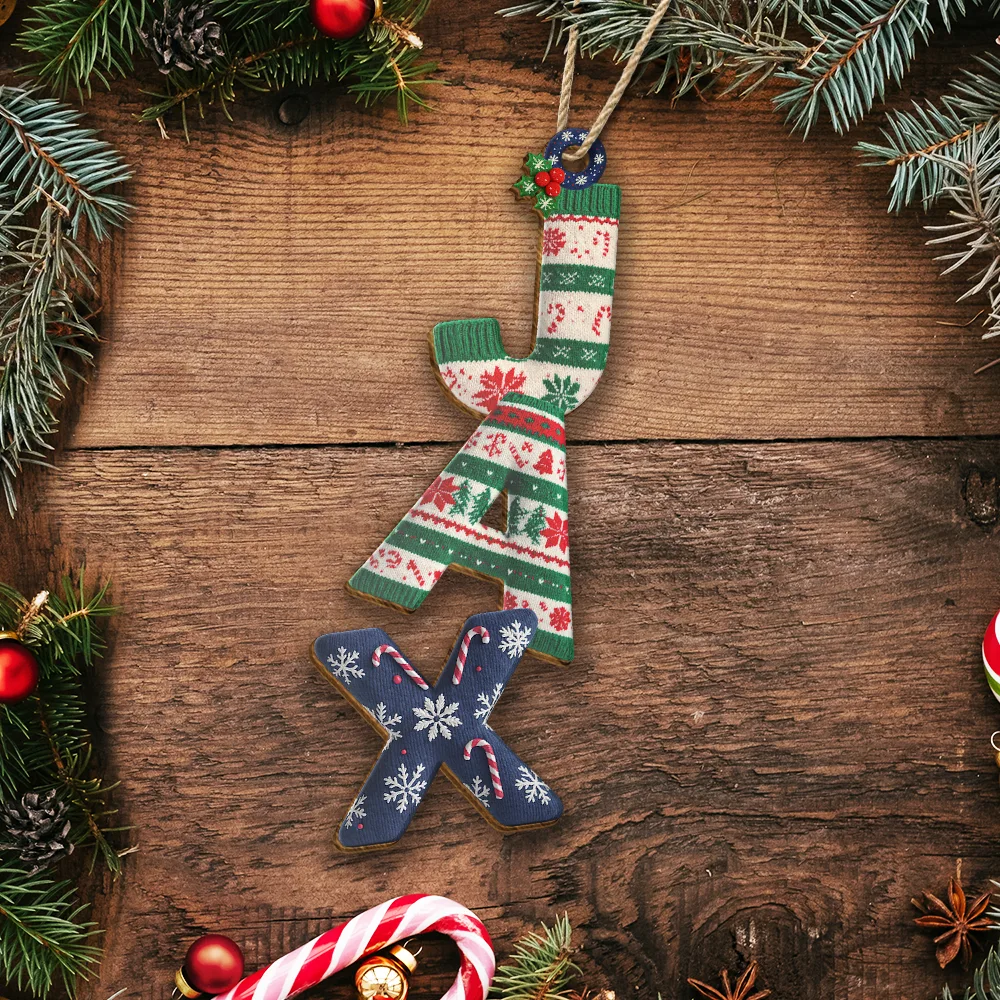 Family Couple Bestie Knitted Effect Name - Personalized Custom Shaped Wooden Ornament - Image 5