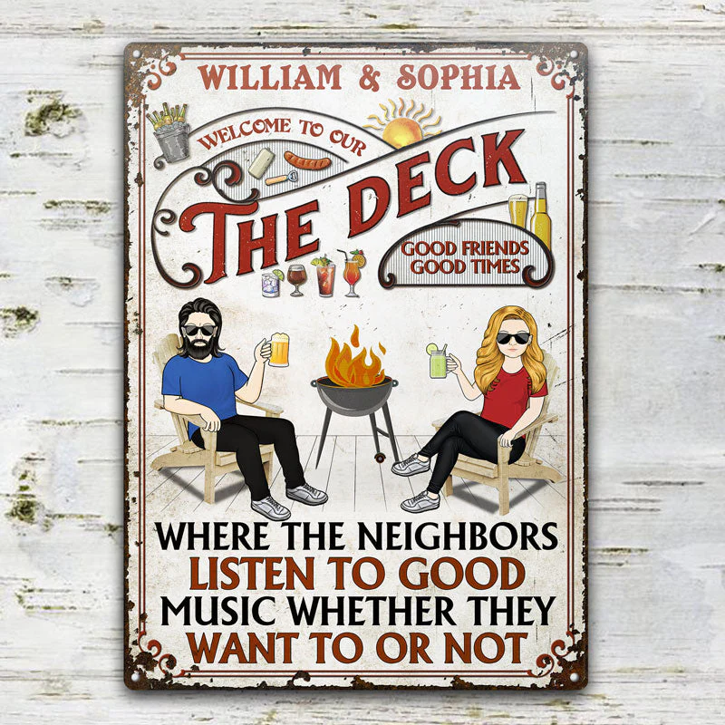 Family Couple Listen To The Good Music Deck - Personalized Custom Classic Metal Signs - Image 2