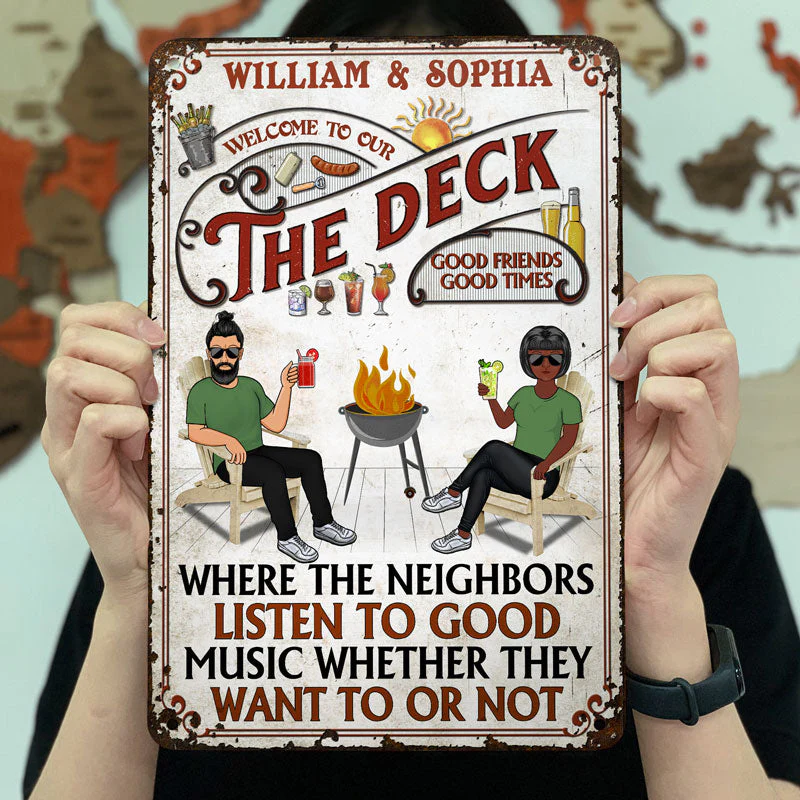 Family Couple Listen To The Good Music Deck - Personalized Custom Classic Metal Signs - Image 3