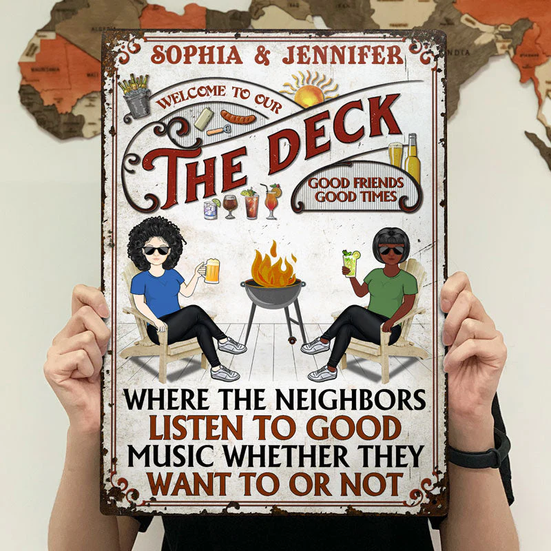 Family Couple Listen To The Good Music Deck - Personalized Custom Classic Metal Signs - Image 4