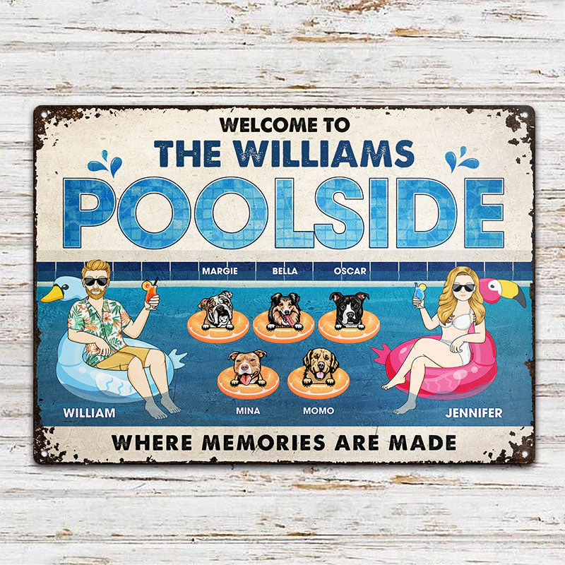 Family Couple Poolside Where Memories Are Made - Gift For Dog Lover - Personalized Custom Classic Metal Signs - Image 2